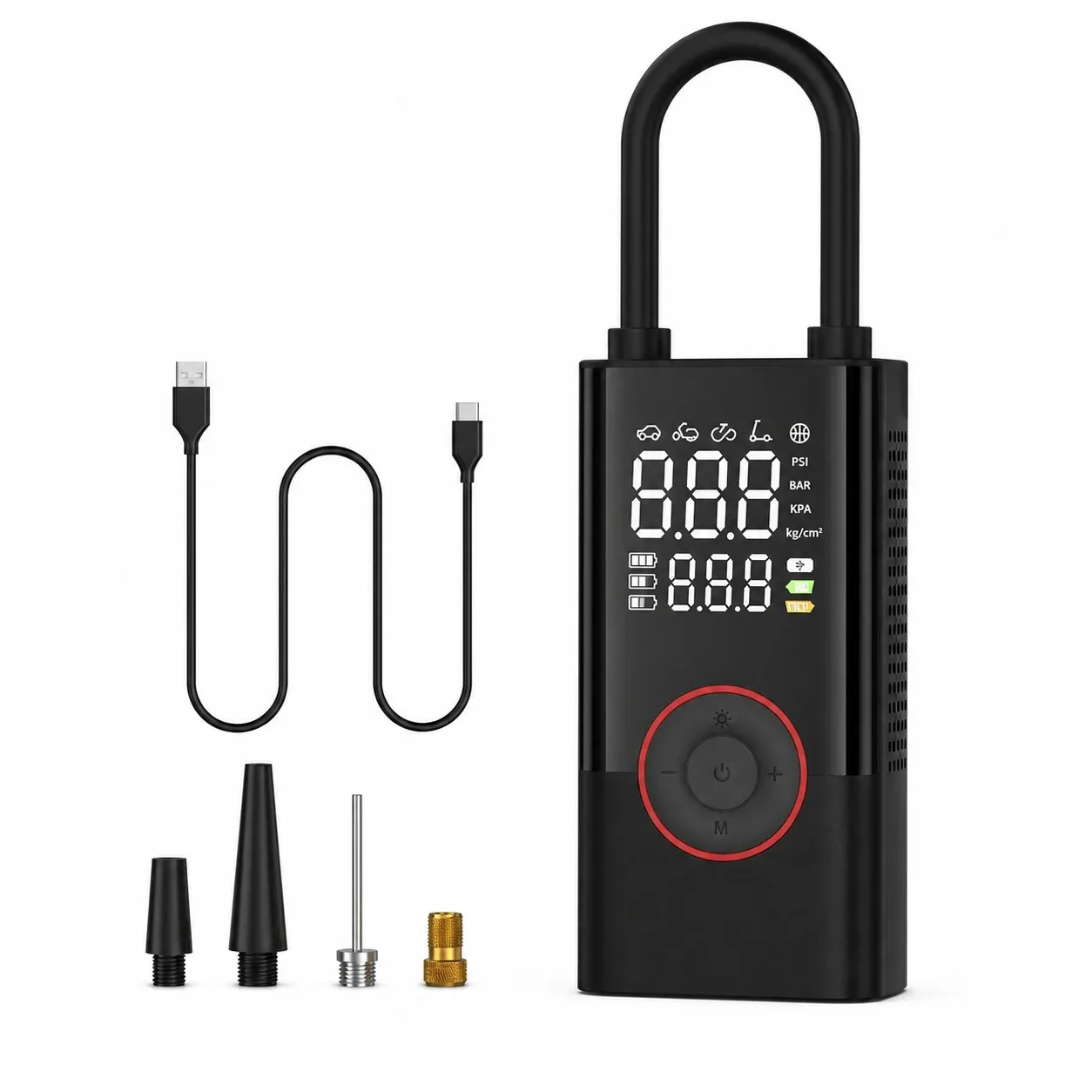 Compact black cordless tyre inflator with illuminated digital display, built-in hose, USB charging cables and inflation adapters on a white background